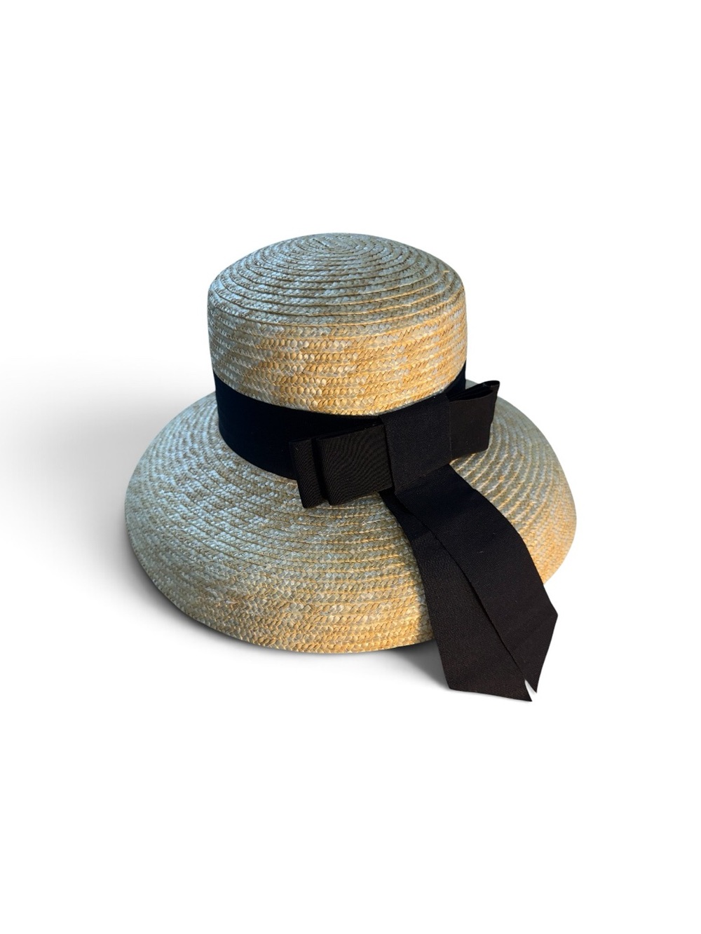 Woven Straw Boater Hat with Black Ribbon Bow